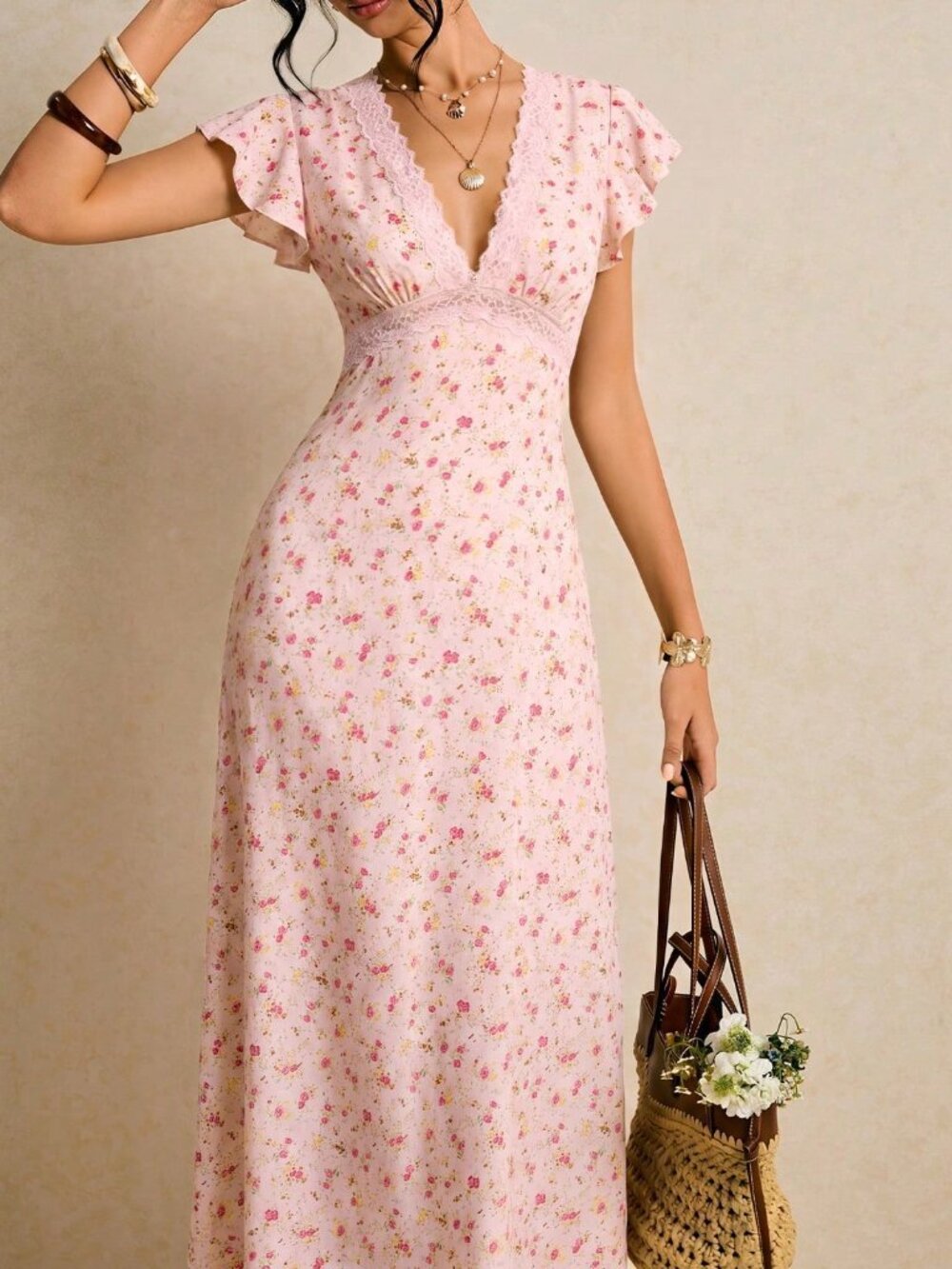 Pink Boho Women's Lace Patchwork Ruffle Sleeve Floral Dress